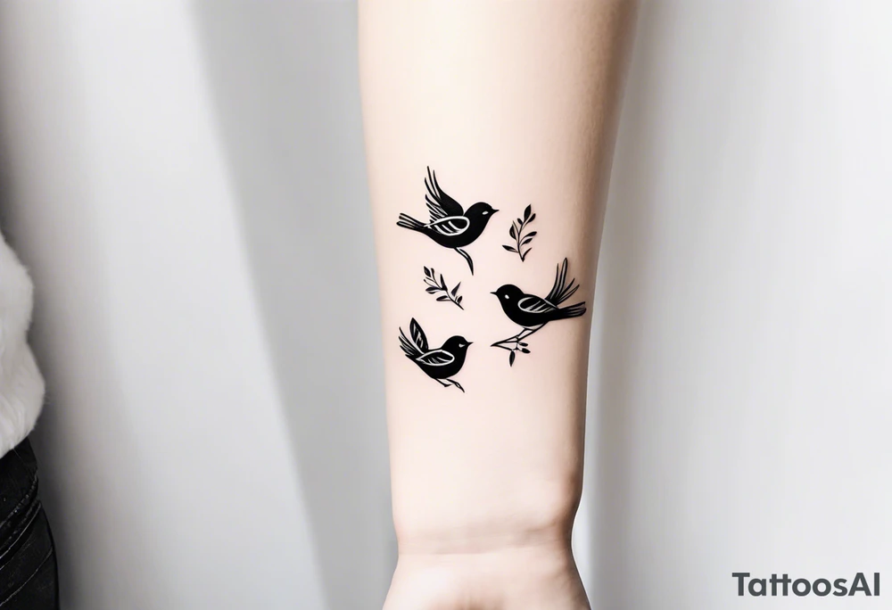 a long unique small feminine leaftattoo with birds on the wrist tattoo idea