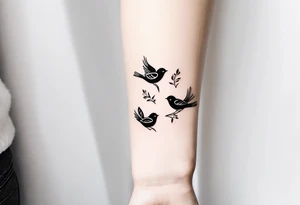 a long unique small feminine leaftattoo with birds on the wrist tattoo idea