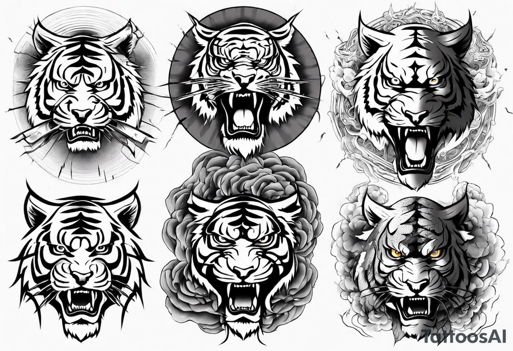 tiger warrior with lightning and the sun for a forearm sleeve tattoo idea