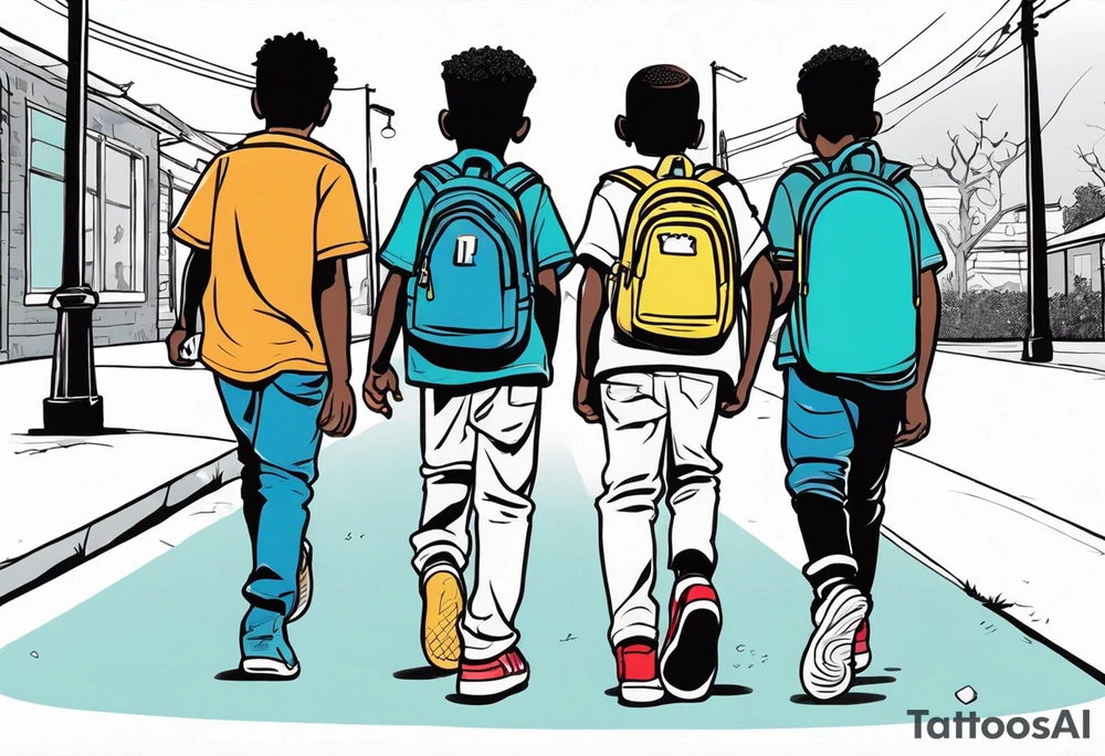 full bodies of 3 black school age boys walking away together and one is looking to the side at the one in the middle tattoo idea