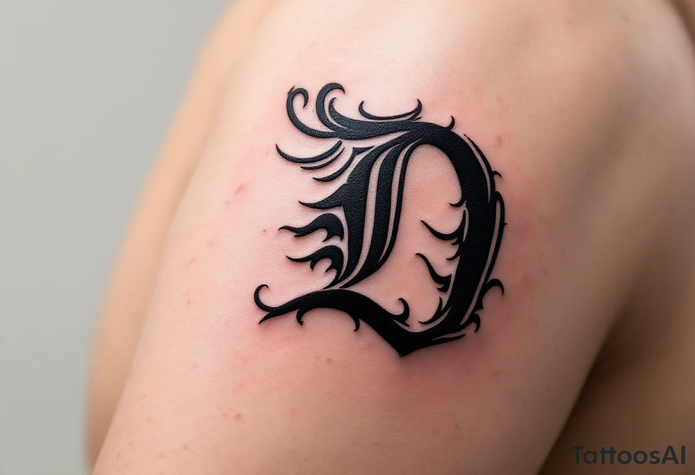 Tribal Style D – A sharp, black ink D stylized with tribal spikes and swirls, resembling Polynesian or Maori patterns. tattoo idea