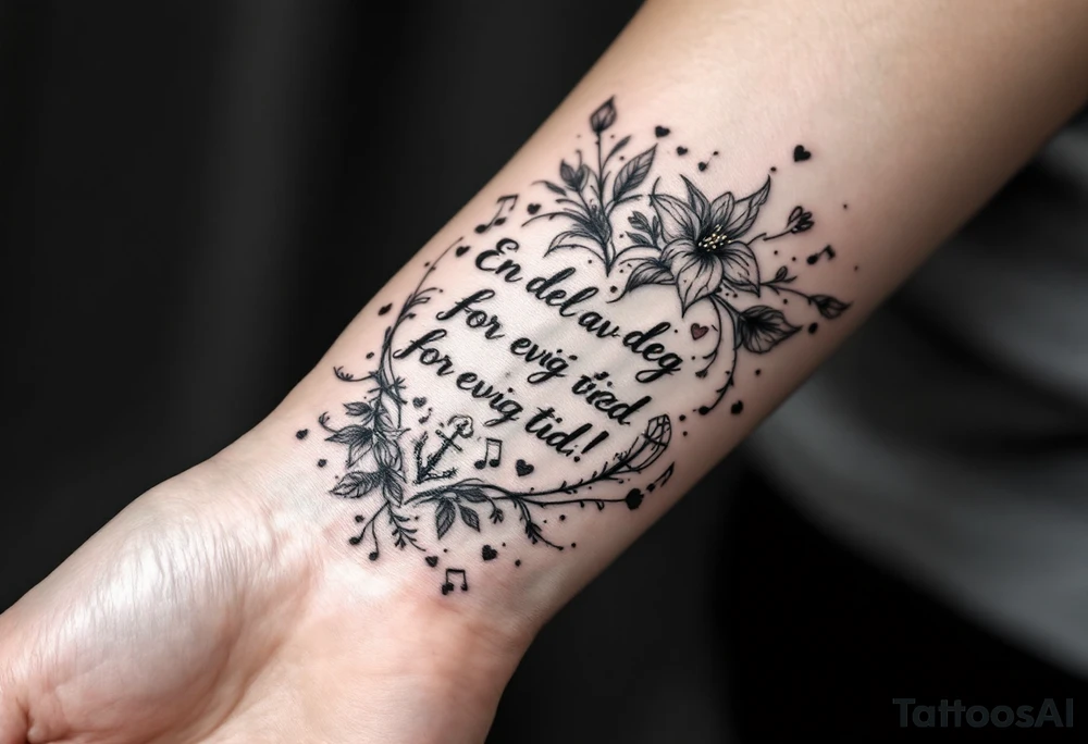 make a quote that says "En del av deg for evig tid! Pappa 20.12.24" Surrounded by gladiolus, music notes, hearts and an anchor tattoo idea