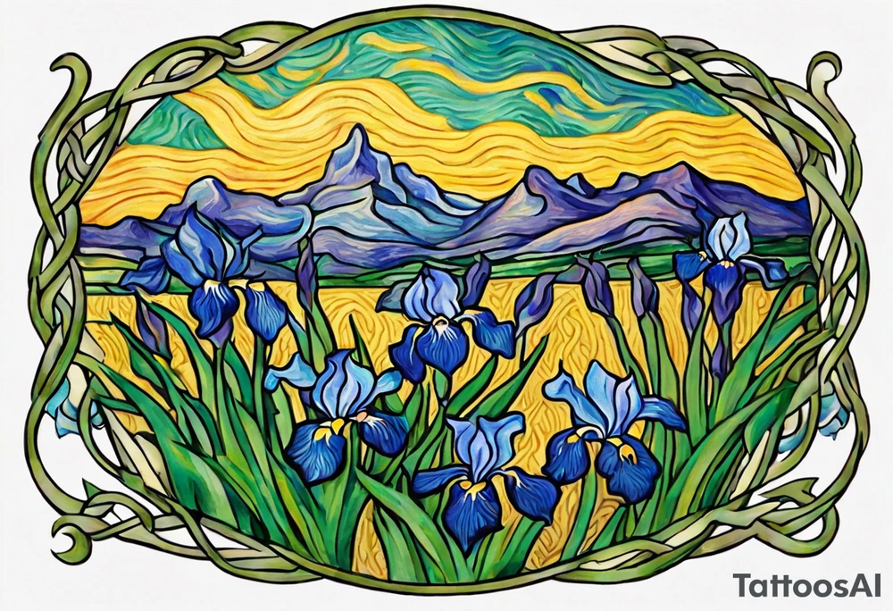 Create a condensed, thick, colorful Vincent van Gogh's Irises tattoo, with vines in Celtic knots gracefully holding mountains. The intended placement is on the upper chest. The overall design should be small in size while maintaining a delicate and artistic aesthetic. Pay attention to the graceful flow of the vines and the placement of the irises to achieve a refined and elegant look. tattoo idea