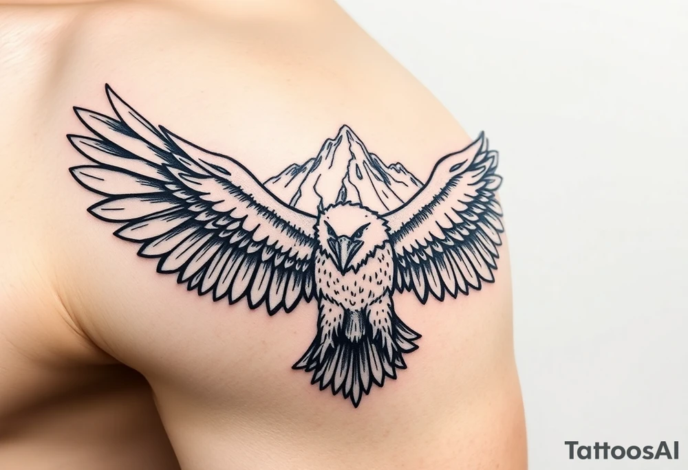 majestic eagle spreading wings against mountain peaks tattoo idea