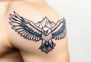majestic eagle spreading wings against mountain peaks tattoo idea