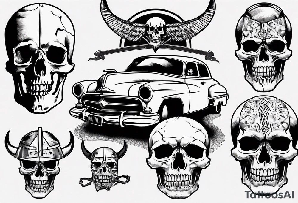 Viking skeleton head and old car tattoo idea