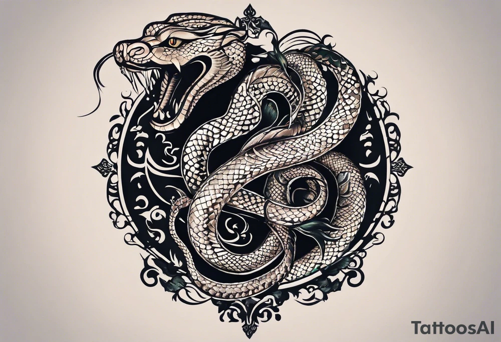 i want a tattoo on my upper back which is like this: a sword which follows the line of my spinal cord and a snake is coiled around and the head of the snake is near my left shoulder with its mouth open  i want it to be modest in size.. so in future there is still enough space to get a new tattoo. The tattoo will be in black and gray. The sword should be something traditional like the one a king have in the battle. The length of the sword should be half of my spine and the size of the snake should be in proportion to the sword. Illustrate it now and then I might give more ideas tattoo idea
