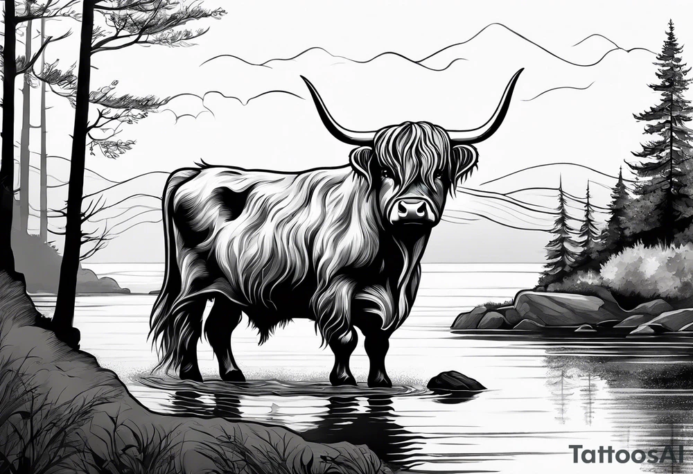 A highland cow riding Nessie from Loch Ness tattoo idea