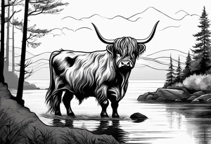 A highland cow riding Nessie from Loch Ness tattoo idea