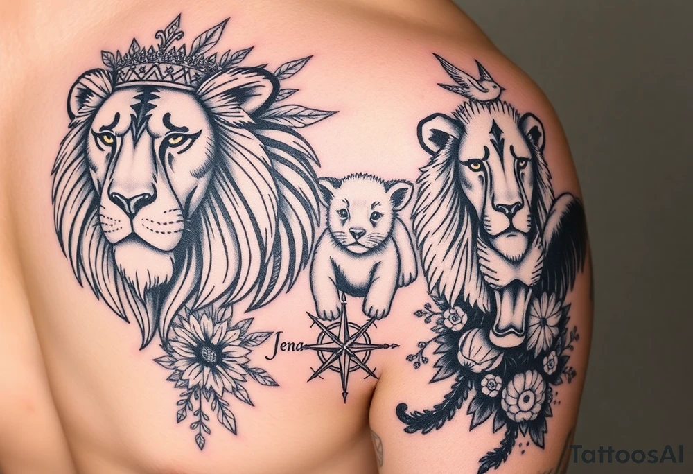 powerful majestic lion family - lionsfather with a crown, a loosnmother and a lions boy and a strong lions babygirl - surrounded by floral ornaments and birds and a compass! Include the name „Jennifer“ with the date 08.04.2022 in kursiv letters. include also a spanish osbourne bull - the tattoo idea is for the whole right arm tattoo idea