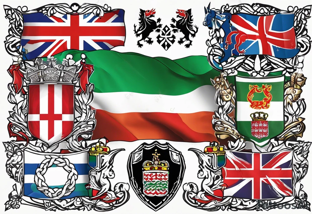 Merge the flags of england, northern ireland, ireland, scotland, wales, germany, croatia, serbia, slovakia, slovenia, and czech republic intertwined in a harmonious and elegant manner. The design should be symmetrical and suitable for a shoulder placement. tattoo idea