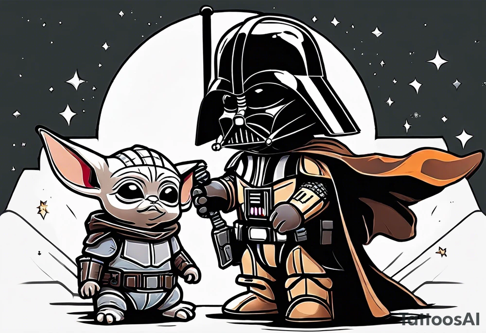 Baby grogu killing Darth Vader while wearing mandalorian armor tattoo idea