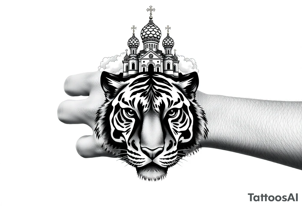 Realistic tiger face on the back of the hand with its eyes ALL black and no pupils, sitting beneath a Russian Orthodox cathedral sitting above on the top fore arm with onion domes and orthodox crosses. with clouds above and a virgin mary tattoo idea