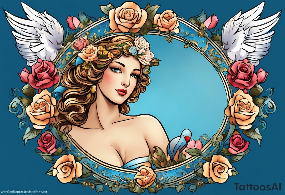 Portrait of Aphrodite: A face or full-length image of the goddess, often in a realistic style, perhaps decorated with flowers, seashells, or doves.rose, doves, shells and a mirror in his hand. background sea, blue roses frames,, romantic,background  fly boy wings and a bow, cupido tattoo idea