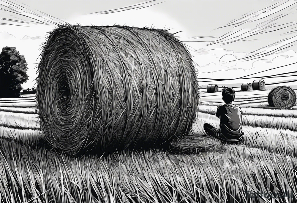 A boy sitting on top of a twisted bale of hay in a field where you can see the same bales of hay in the distance, and a tattoo idea