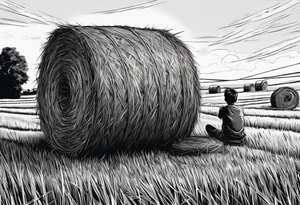 A boy sitting on top of a twisted bale of hay in a field where you can see the same bales of hay in the distance, and a tattoo idea