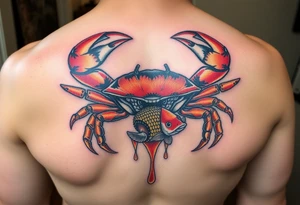 Powerful crab surrounded by dripping honey comb, eating coi fish tattoo idea