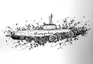 Ohio class submarine surrounded by roses that says “I’ll carry you home” tattoo idea