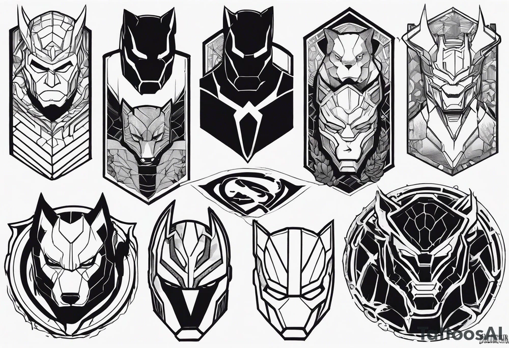 I want to change Avengers Team characters with animals. Hulk will be Badger, Thor will be Alpha Grey Wolf, Captain America will be Bull, Iron Man will be Canary, Black Widow will be Axolotl, Hawk Eye will be Sudan Plated Lizard and Nick Fury will be Cat. tattoo idea