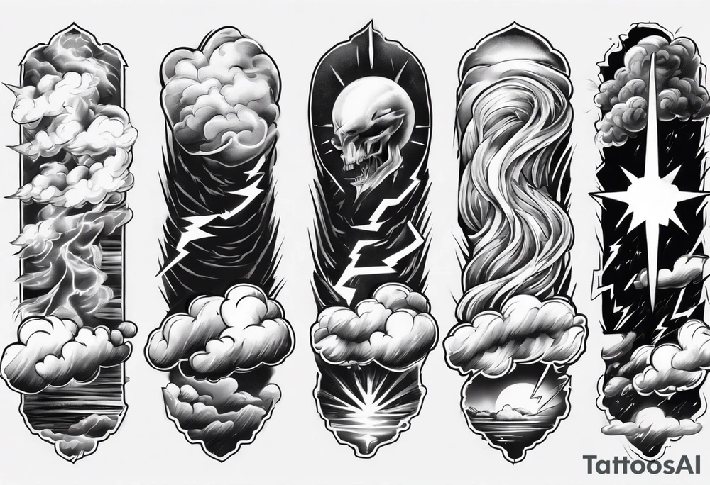 forearm sleeve lightning and clouds pattern tattoo idea