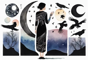 a beautiful 55 year old Dakota woman wearing a black tunic, standing before the night sky with a crescent moon, a raven on her shoulder tattoo idea