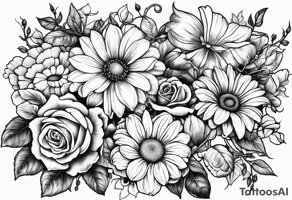 Roses, marigolds, cosmos, daisies, sweet peas and sunflowers vines tattoo idea