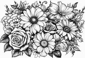 Roses, marigolds, cosmos, daisies, sweet peas and sunflowers vines tattoo idea