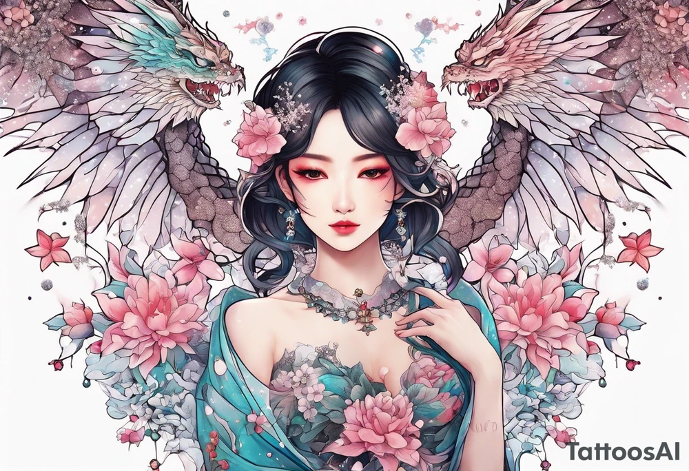 Constellation, wing , snow , cross , dragon female japan kawaii , flower tattoo idea