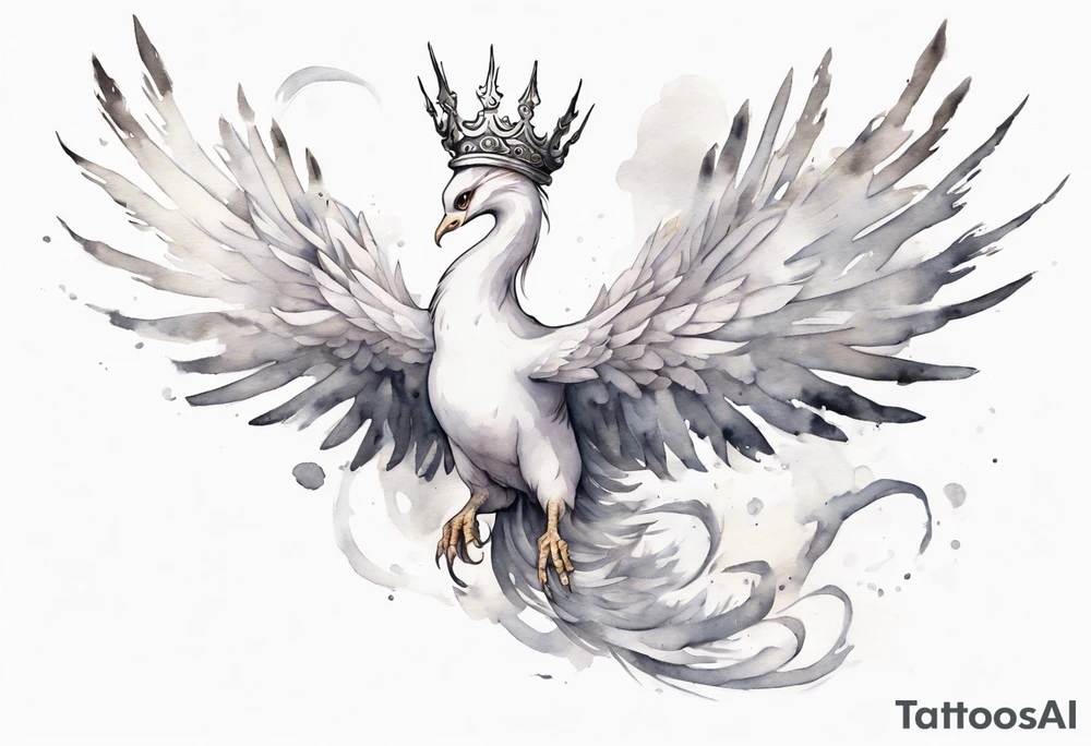 a white phoenix-serpent hybrid wearing a crown, flying in the air tattoo idea