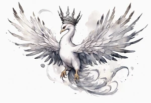 a white phoenix-serpent hybrid wearing a crown, flying in the air tattoo idea