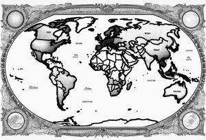 the earth with accurate borders of countries on a flat map design without bold borders with very light shading placed on a grid which only has the lines tattoo idea