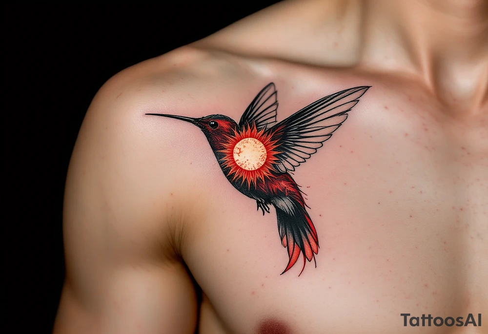 A hummingbird with one wing made of light (sun disc) and the other made of shadow (crescent moon) (red and black only) tattoo idea