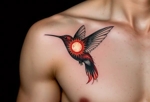 A hummingbird with one wing made of light (sun disc) and the other made of shadow (crescent moon) (red and black only) tattoo idea