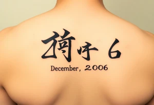 The date 30th of December 2006 in kanjis style sosho with thick lines filled with shading and fine lines in vertical tattoo idea