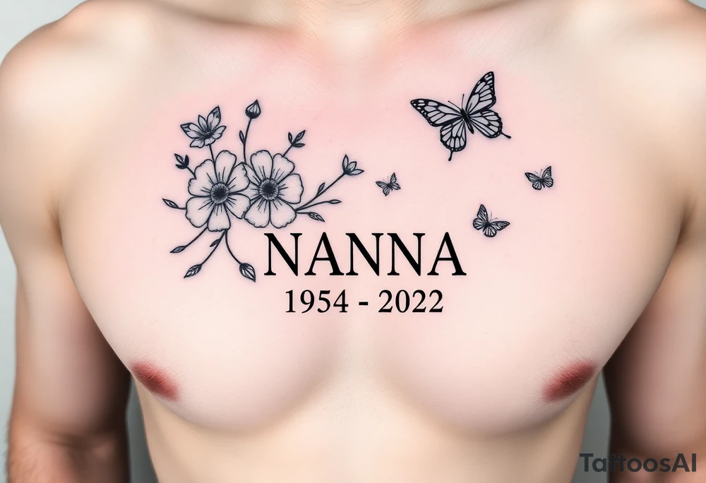 memorial tattoo with flowers and butterflies with the name “NANA” and the date “1954-2022” tattoo idea