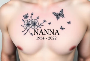 memorial tattoo with flowers and butterflies with the name “NANA” and the date “1954-2022” tattoo idea