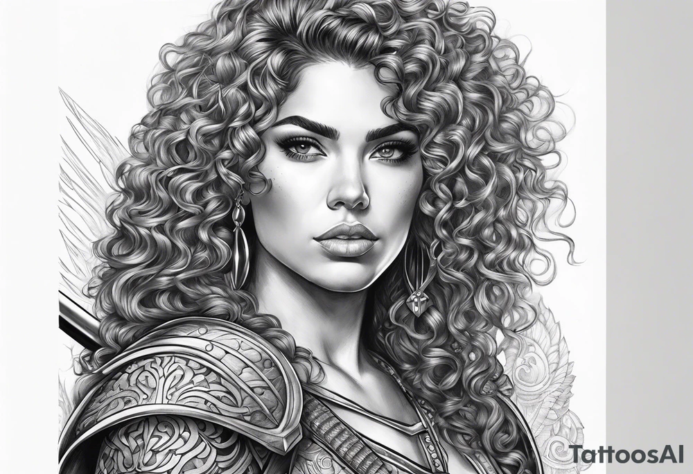 Spanish woman valkyrie curly hair half with sword sleeve arm tattoo idea