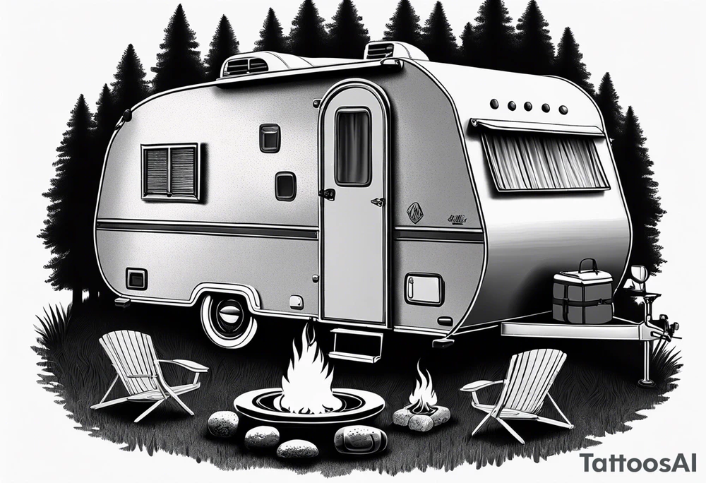 Small camper trailer with campfire and four chairs tattoo idea