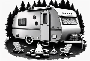 Small camper trailer with campfire and four chairs tattoo idea