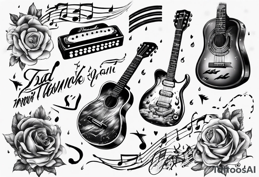 Music, guitar, harmonica, Dad, thunder and rain, love miss you lyrics tattoo idea