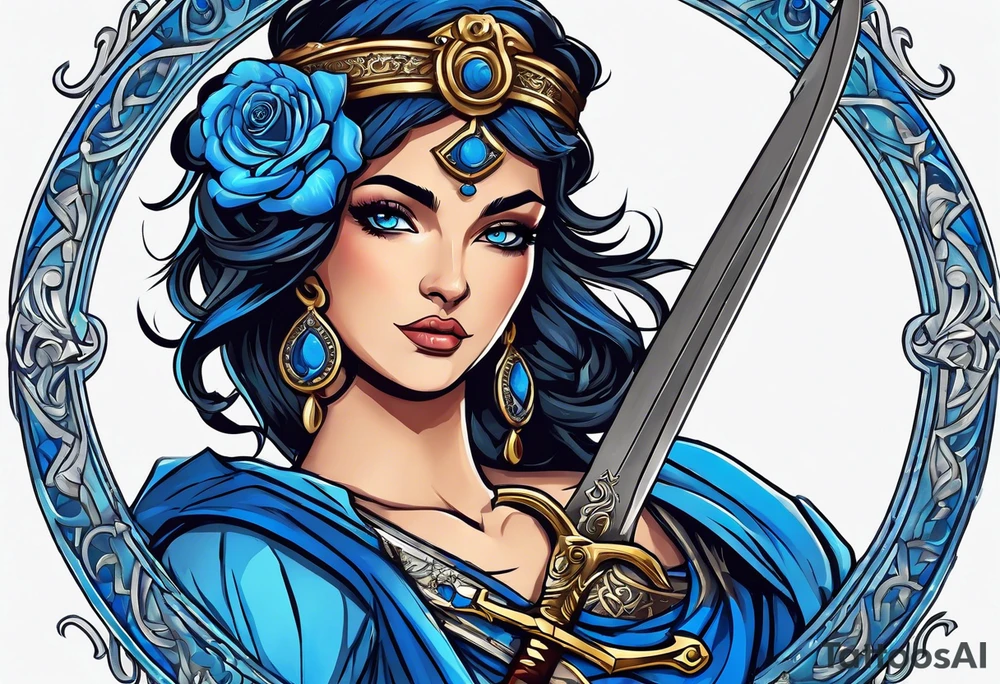 ancient rome clothes women, with svale in one hand and a sword in the other, blue rose frames, justicia tattoo idea
