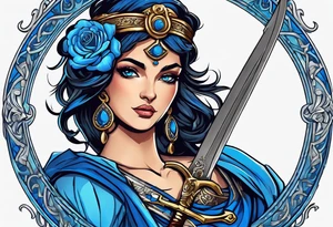 ancient rome clothes women, with svale in one hand and a sword in the other, blue rose frames, justicia tattoo idea