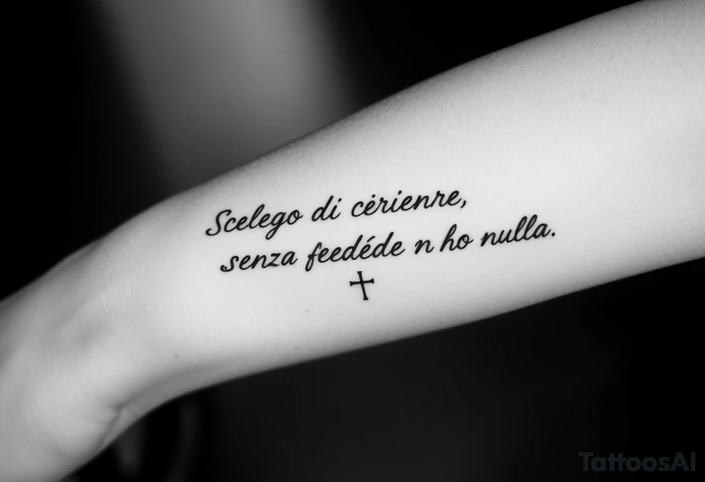 I want a tattoo with the quote “Scelgo di credere, perché senza fede non ho nulla.” Before the quote, I want a small cross. I’d like it to be written in a handwritten, elegant font on a single line, slightly curved to follow the shape of the placement. I want to place it on the lower part of my forearm, from the wrist toward the elbow. tattoo idea