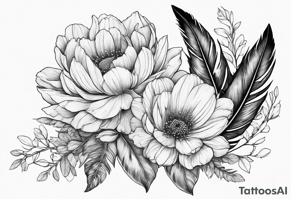 Feather with may and February birth flowers tattoo idea