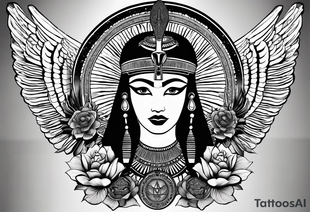 black and white Egyptian goddess Isis, who is often depicted as a woman with outstretched wings, holding an ankh (a symbol of life) in one hand and a lotus flower in the other. Her headdress often includes a throne or a solar disk. The tattoo design can vary in style and size, but it typically aims to capture the essence of this revered Egyptian deity, emphasizing her beauty, power, and maternal qualities. The choice of colors and additional elements can also be customized to create a unique and visually striking representation of the goddess Isis tattoo idea