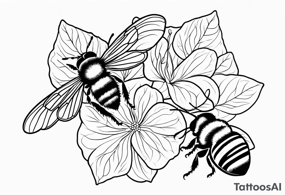 3 in by 2 in minimalist no color tattoo for forearm of a Hydrangea and a very small bee. tattoo idea