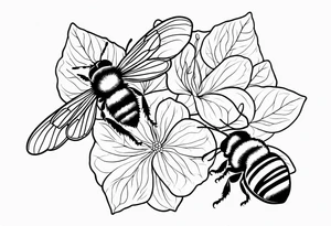 3 in by 2 in minimalist no color tattoo for forearm of a Hydrangea and a very small bee. tattoo idea