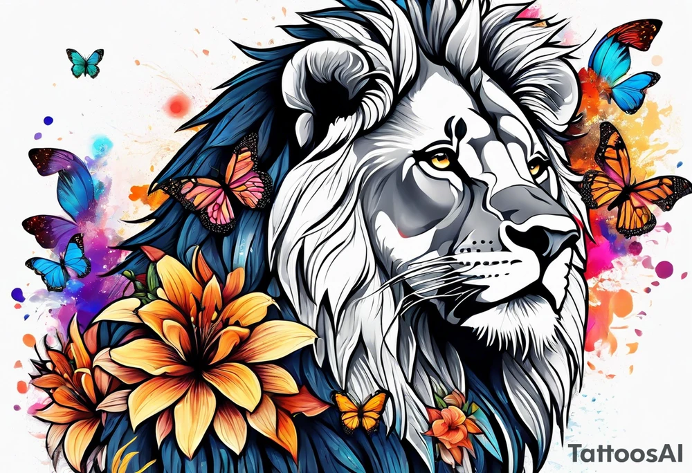 African lion covered in lilies butterflies crown main made of feathers tattoo idea