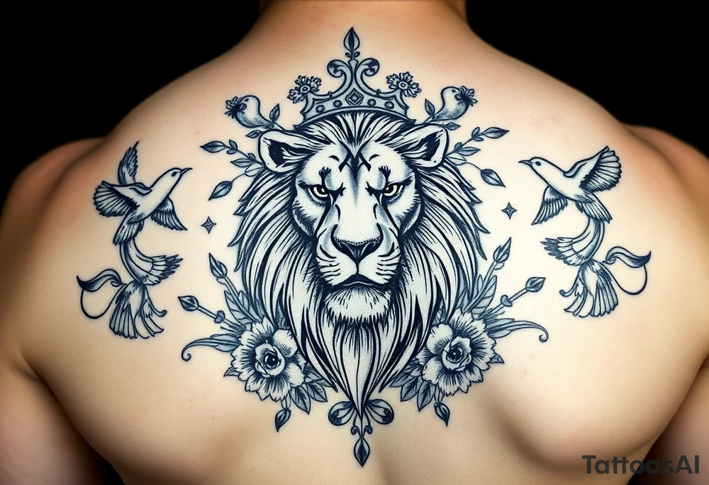 powerful majestic lion with a crown, surrounded by floral ornaments and birds tattoo idea