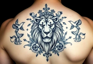 powerful majestic lion with a crown, surrounded by floral ornaments and birds tattoo idea